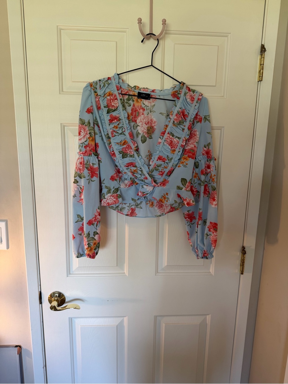 Light Blue Floral Ruffle Wrap Blouse